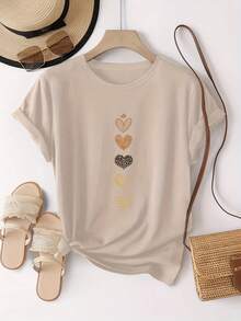 T-Shirt With An Artistic Heart Print Featuring Multiple Designs. Modern And Breathable, Suitable For Family Trips, College Activities, Casual Sports, Daily Commutes, Matching Sister Outfits-A Versatile Tee. E89T - 杏色 - 查看 4