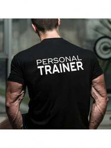 -Men's Black Personal Trainer Graphic T-Shirt With Bold White Text, Gym Design - 100% Breathable Fabric, Regular Fit, Short Sleeve, Ideal For Weightlifting, Fitness Training, All Season Casual Wear - Comfort For Gym And Everyday Use, Comfortable And Loose Fit For Gym And Casual Wear - Ideal For Personal Training And Casual Wear - Men's Fitness Clothing With Geometric Design, Loose And Comfortable. - A the Picture How - View 1