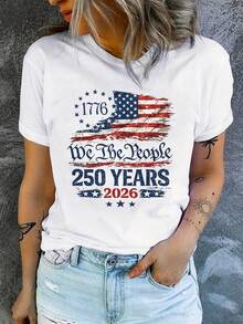 Patriotic T-Shirt "People Of Our Nation" 250th Anniversary 1776-2026 | Women's Casual Crew Neck T-Shirt With Vintage American Flag Print - 白色 - 查看 1