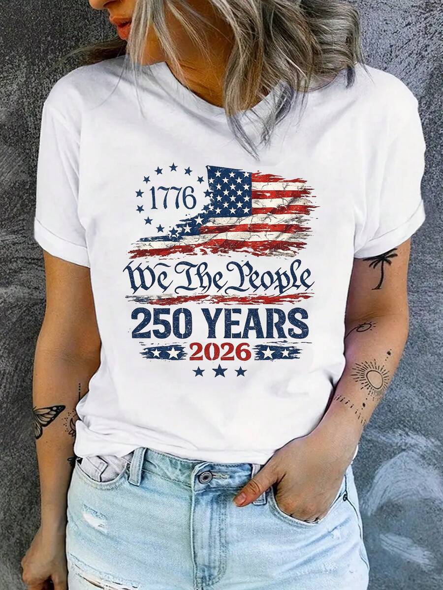 Patriotic T-Shirt "People Of Our Nation" 250th Anniversary 1776-2026 | Women's Casual Crew Neck T-Shirt With Vintage American Flag Print - 白色 - 查看 1