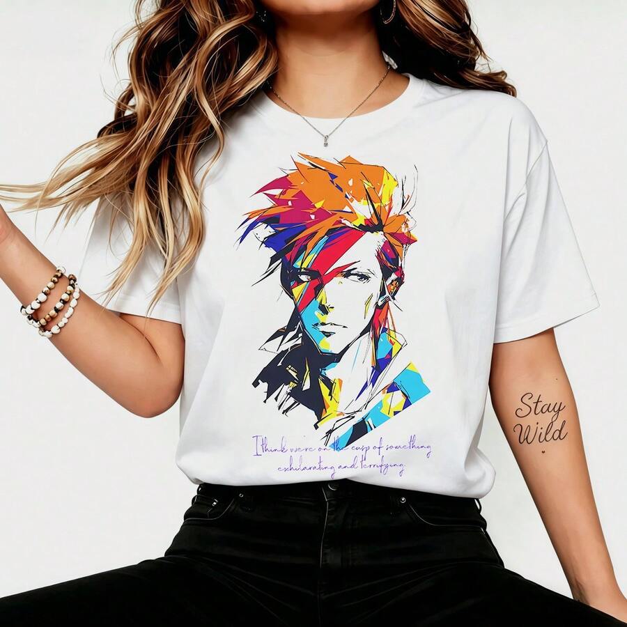 Davidd Bowwie Colorful Abstract Brushstroke Retro Graphic T-Shirt, Glam Rock Casual Cotton T-Shirt For Fans - White - View 1