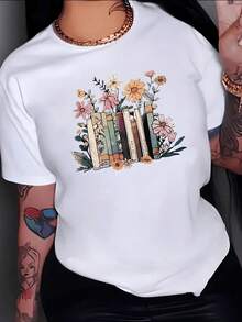 Antique Books Alongside Wildflowers Symbolize Growth, Knowledge, And Natural Beauty In Harmony With The Feminine Soul. Comfortable Casual Women's T-Shirt For Everyday Wear - 白色 - 查看 8