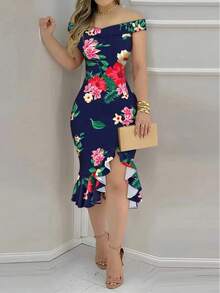 Vestido midi ajustado con estampado floral y hombros descubiertos para mujer, vestido de cóctel con abertura y volantes en el bajo - Azul marino - Ver 1