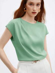 Blusa nueva de primavera/verano con diseño de hombros plisados de cuello redondo en azul, camisa elegante y única para salidas, oficina, ocasiones formales, moda básica profesional casual de alta gama, invitada de boda, fiesta, estilo del milenio, - verde menta - Ver 1