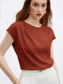Blusa de satén de corte holgado con mangas acampanadas para mujer, elegante y versátil para ocasiones urbanas románticas, formales, de viaje, como invitada de boda, cumpleaños, casual de negocios, citas, aeropuerto, regreso a clases, uso en la ofi - Óxido marrón - Ver 8