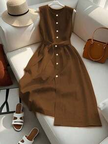 Vestido estilo francés de media pierna sin mangas de alta gama color naranja para mujer - Marrón - Ver 5