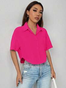 negra casual corta y sencilla de manga corta para uso diario para damas - Rosa Fucsia - Ver 4