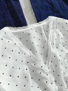 Camiseta de manga corta con botones y estampado de lunares con encaje de contraste para mujer - Blanco - Ver 4