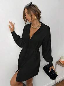Vestido camisero fruncido de hombros caídos - Negro - Ver 4