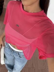 Top de malla negra de manga corta para mujer - Rosa Fucsia - Ver 4