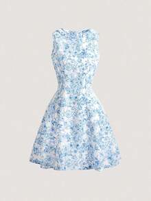 Elegante vestido de verano nuevo para mujer, de estilo francés, con cuello redondo tejido, sin mangas y estampado - Celeste - Ver 1