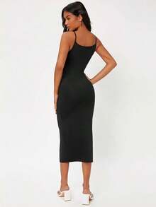 BASICS Vestido casual de cóctel ceñido de tirantes lisos para cena y citas - Negro - Ver 2