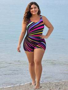 Traje de baño de una pieza con estampado sin mangas para mujer de talla grande, traje de baño casual para vacaciones - Rosa Fucsia - Ver 5