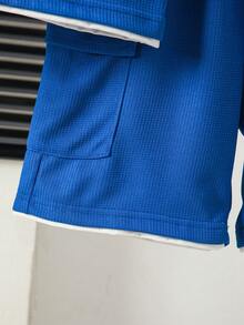 2pcs/Set Boys' Casual Waffle Crew Neck Short Sleeve T-Shirt + Leisure Cargo Shorts, Comfortable & Fashionable Summer Outfit - Royal Blue - View 7