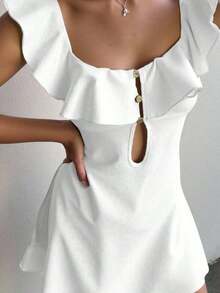 Vestido mini para mujer con ribete de encaje floral, de moda para el verano - Blanco - Ver 4