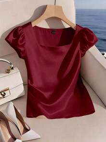 Blusa casual elegante de satén con cuello cuadrado francés, mangas de pétalos y pliegues, adecuada para ir al trabajo, uso diario, reuniones y fiestas, primavera/verano - Rojo - Ver 3