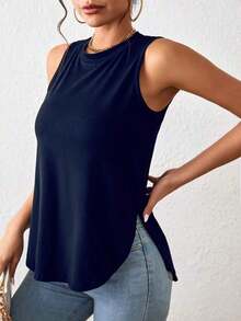 1 pieza Camiseta casual de mujer de cuello redondo y bajo con abertura lateral de un solo color - Azul marino - Ver 4