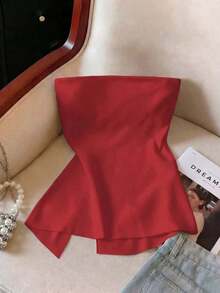 Top bandeau de unicolor con pliegues en el lateral y bajo con abertura de moda para mujer - Rojo - Ver 2