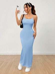 Vestido básico de tirantes finos blanco para mujer - Celeste - Ver 7