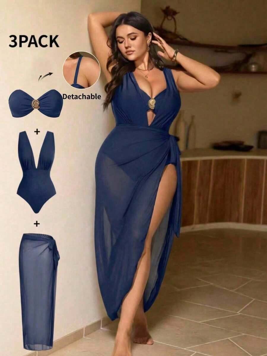 Traje de baño de una pieza elegante de talla grande con 3 piezas, decorado con hebilla de metal marrón, se puede usar por separado con atuendos, adecuado para fiestas y vacaciones - Azul marino - Ver 1