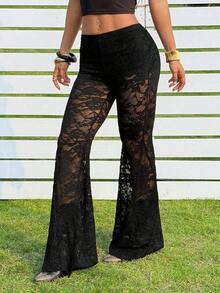 Pantalones acampanados de cintura elástica con encaje de unicolor para mujer - Negro 2 - Ver 3