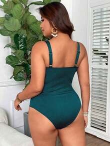 Traje de baño de una pieza con cuello cuadrado, fruncido y control de abdomen, de unicolor acanalado, de talla grande, minimalista para uso diario - verde oscuro - Ver 2