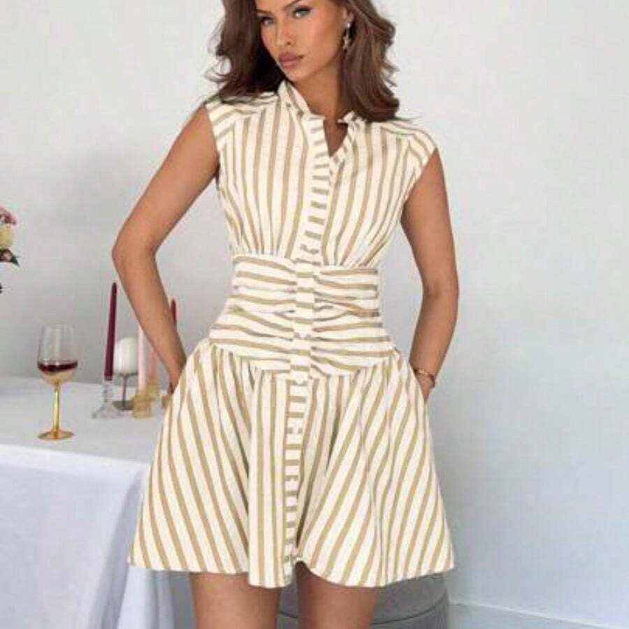Summer Women's Green Midi Skirt, Sage Green Dress, Olive Green Women's Commuter Casual Vacation Striped Waist Puff Hem Button Shirt Dress, Women's Striped V-Neck Waist Single-Breasted Mini Dress, Summer Fashion Women's Skirt, Summer Business Casual Women's Dress, Summer Vacation Christmas Holiday Resort - Caqui - Ver 1