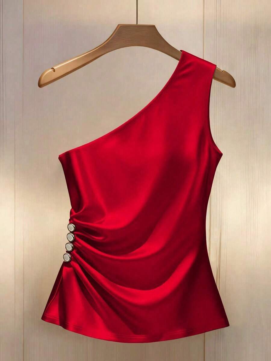 elegante de mujer con cuello oblicuo, adorno de botones y ribete plisado - Rojo - Ver 1