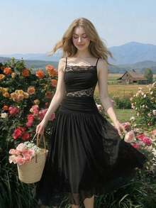 Vestido largo con adorno de encaje elegante para mujer, vestido de Año Nuevo, vestido de fiesta de Año Nuevo, ropa de mujer, vestidos elegantes de mujer, vestidos beige de mujer, vestido de Año Nuevo para mujer, vestidos formales de mujer, vesti - Negro - Ver 2