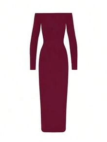 Vestido largo y elegante, ajustado, de manga larga y hombros descubiertos, de unicolor para mujeres - Burdeos - Ver 3
