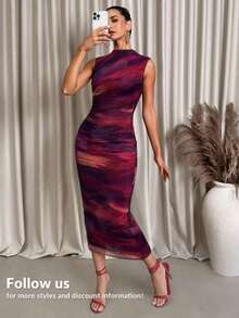 Vestido midi de Body con estampado abstracto rojo sin mangas, adecuado para el verano - Morado - Ver 7