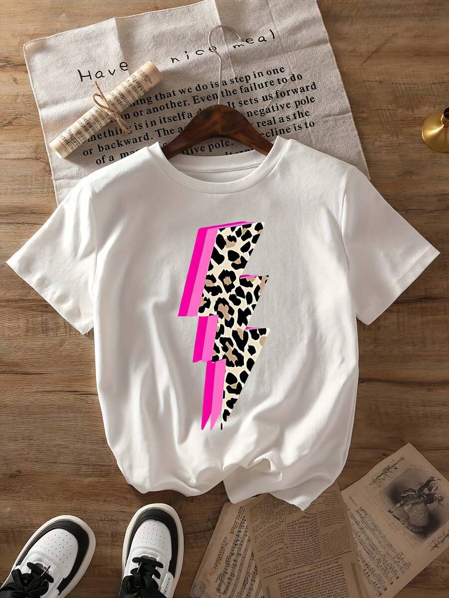 Plus Size T-Shirt With Leopard And Pink Lightning Print, Short Sleeves And Round Neck, Casual Top, Spring/Summer Style, Plus Size Women's Clothing. - 白色 - 查看 1