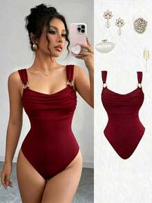 Body elegante de un solo color con cuello halter para mujer, para el verano - Burdeos - Ver 4