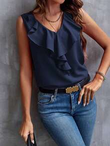 Blusa sin mangas con ribete de volantes, blusas sin mangas de verano elegantes para damas - Azul marino - Ver 4