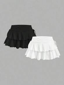 Set de 2 faldas de línea A con cintura fruncida, estilo minimalista y casual, adecuadas para conciertos, cruceros, clubes y salidas - Blanco y Negro - Ver 2