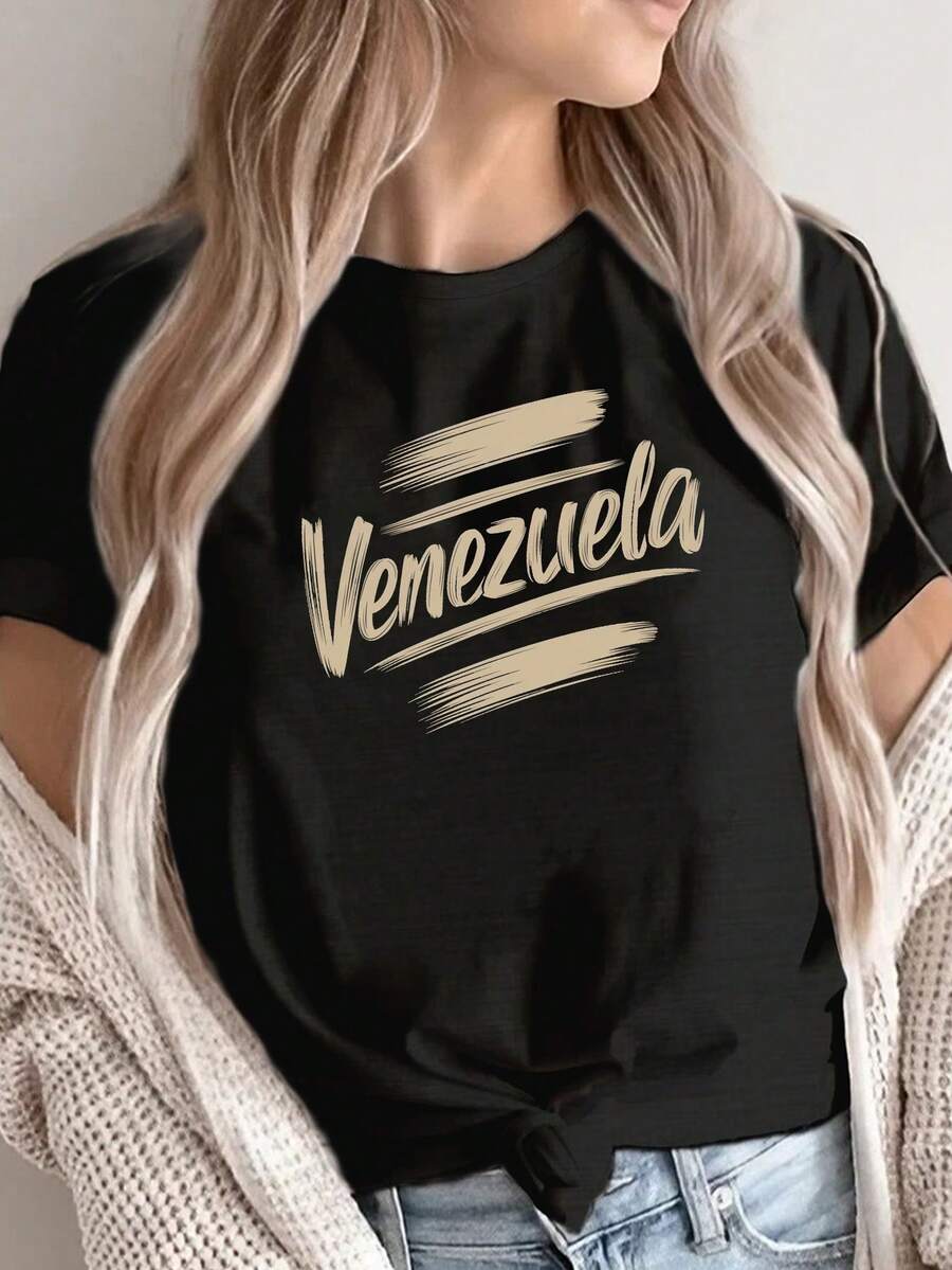 Women's T-Shirt With Brushstroke Typography - 黑色 - 查看 1