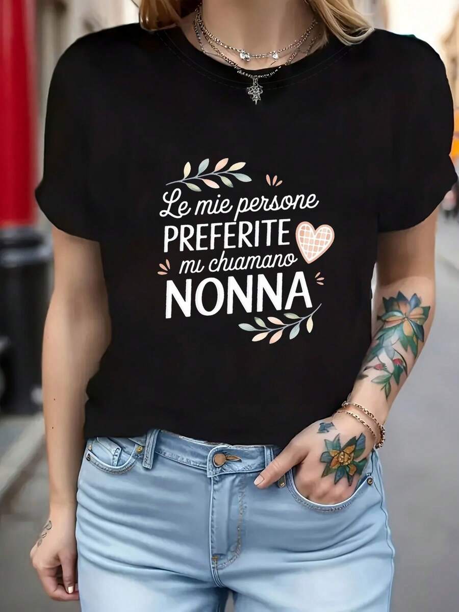 Italian T-Shirt For Women - Printed With The Italian Phrase "Mie Persone PREFERITE Chiamano NONNA" (My Favorite Person Calls Me Grandma), Casual Short Sleeve Round Neck Blouse, Suitable For Spring And Summer, Italian Themed Gift For Grandmother, Machine Washable Casual Clothing - 黑色 - 查看 1