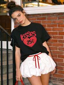 Women's Summer Clothes, Soft And Casual Cotton T-Shirt With Round Neck, Conveys A Relaxed And Sweet Atmosphere, Kisses 25℃ Print Pattern. White. - 黑色 - 查看 3