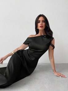 Vestido elegante asimétrico de hombro con pliegues y bajo de cola de sirena en color verde, adecuado para citas, vacaciones, bodas, eventos, regreso a la escuela, graduación, vestido de dama de honor formal, vestidos elegantes para mujer - Negro - Ver 6