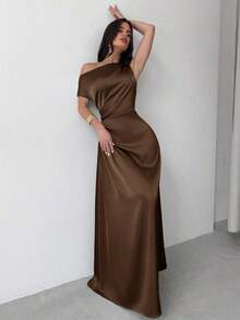 Vestido elegante asimétrico de hombro con pliegues y bajo de cola de sirena en color verde, adecuado para citas, vacaciones, bodas, eventos, regreso a la escuela, graduación, vestido de dama de honor formal, vestidos elegantes para mujer - Cafetería - Ver 7
