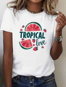 Women's Casual Tropical Print T-Shirt - Casual Crew Neck, Short Sleeves With Fruit Design, Watermelon And Strawberry Patterns, White, Machine Washable, 100% Cotton, Durable - 白色 - 查看 7