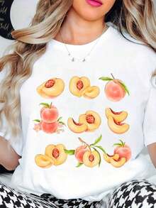 Women's Casual T-Shirt With Peach Print - Casual Summer Top For Everyday Wear, 220g, 100% Cotton, Durable - 白色 - 查看 7