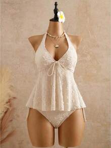 Lace Swimsuit With Halter Neck, Adjustable Straps, Ruffles, Two-Piece Bikini That Enhances The Figure, Ideal For Hot Springs. - Apricot - View 1