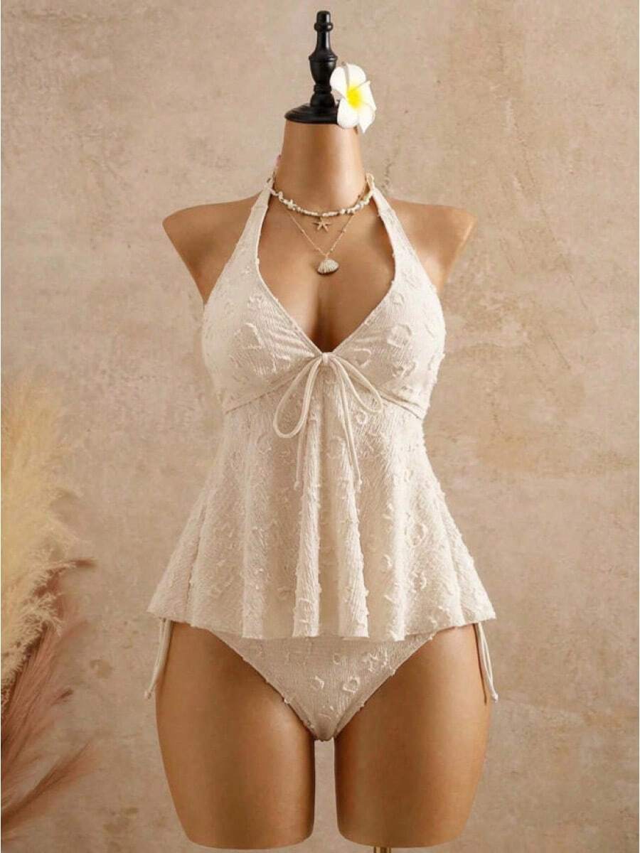 Lace Swimsuit With Halter Neck, Adjustable Straps, Ruffles, Two-Piece Bikini That Enhances The Figure, Ideal For Hot Springs. - Apricot - View 1