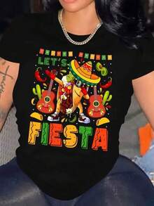 Camiseta para mujer, "¡Vamos a fiesta!" Taco, creativo patrón, moda 2025, fiesta mexicana, cuello redondo, manga corta, transpirable, informal Mujer casual estampado gráfico mexicano holgado cuello redondo manga corta verano fiesta camiseta - Negro - Ver 6