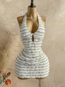 Vestido mini casual para vacaciones, boda en la playa, graduación, brunch, Día de San Patricio, vacaciones de primavera, Pascua, festival de música, elegante bohemio, tropical elegante sin tirantes, hombros descubiertos, espalda descubierta para of - Blanco y Negro - Ver 5