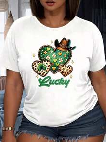Camiseta Casual con Estampado de Trébol y Leopardo para el Día de San Patricio, Estilo Vaquero Lucky Heart, para Mujer, 220g - Blanco - Ver 6