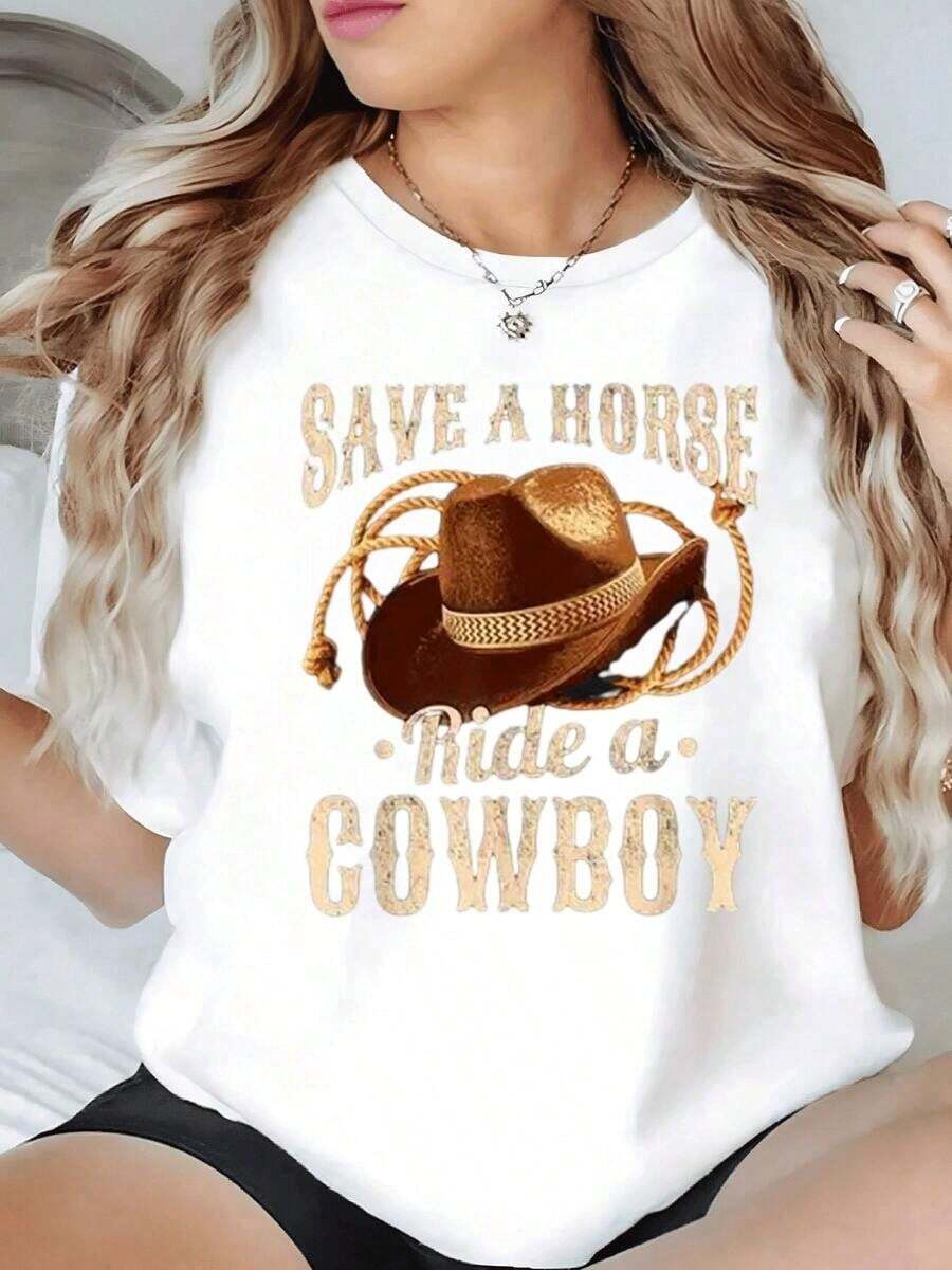 Loose Fit Women's T-Shirt With An Original Cowboy Hat Design, Casual And Comfortable Style. Perfect For A Relaxed Look With A Modern Touch. Basic Crew Neck Cotton T-Shirt For Women - 白色的 - 查看 1