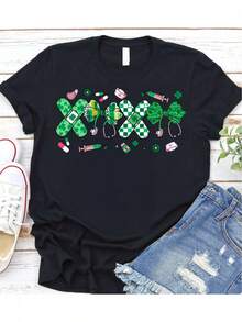 1 pieza de camiseta casual de mujer con estampado temático médico del Día de San Patricio, cuello redondo, tela suave, ligeramente elástica, negra, sin forro, lavable a máquina, 180g 100% algodón. - negro - Ver 1