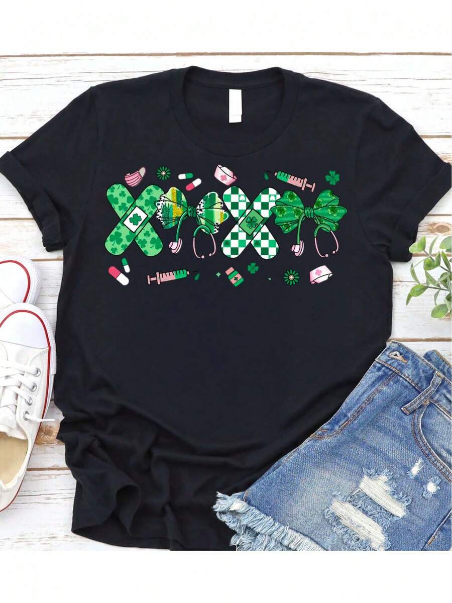 1 pieza de camiseta casual de mujer con estampado temático médico del Día de San Patricio, cuello redondo, tela suave, ligeramente elástica, negra, sin forro, lavable a máquina, 180g 100% algodón. - negro - Ver 1
